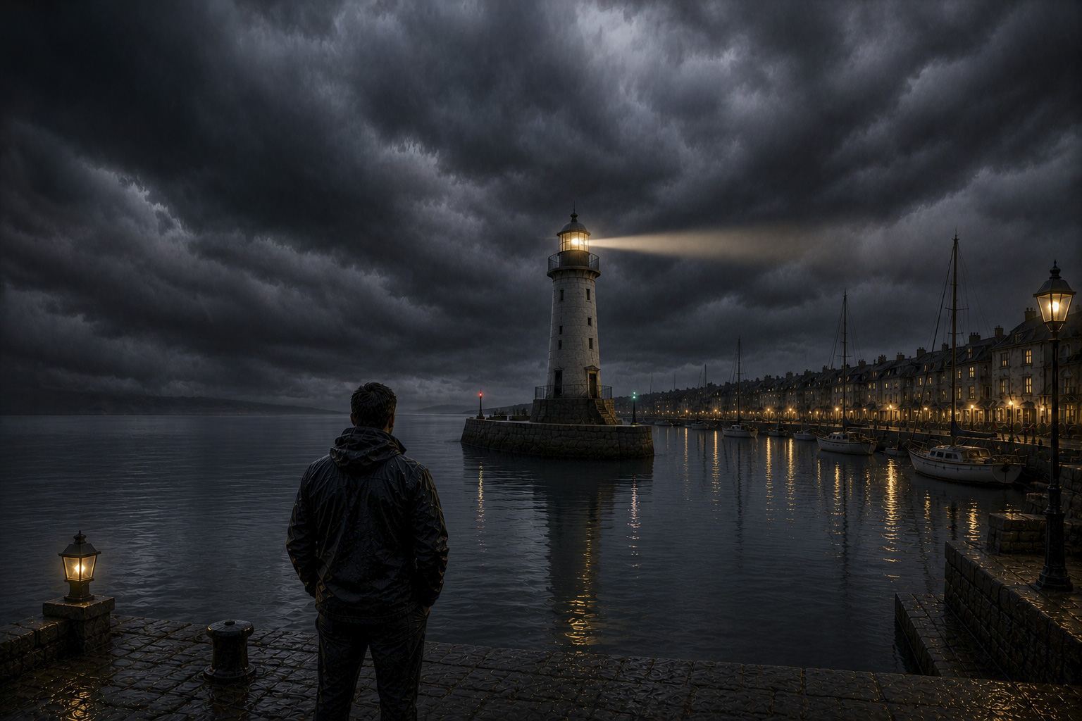 A lighthouse marking a calm harbor entrance at night, storm still visible in the sky